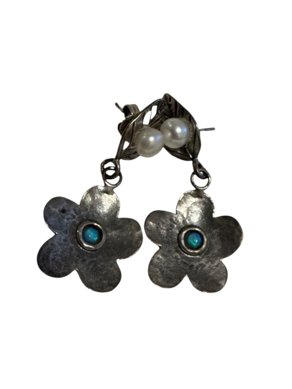 Vintage 825 Silver Flower Earrings with Pearl and Blue Stone Accents